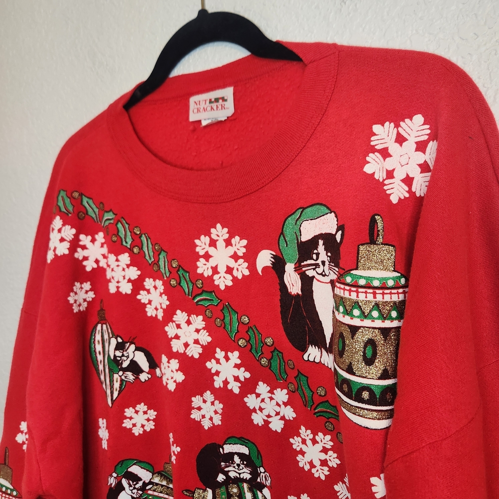 Vintage 1990 Nut Cracker Kitten Sweater Christmas Red Holiday Sweatshirts 42 - Picture 3 of 15